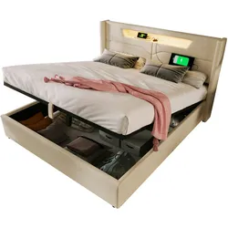 Merax Polsterbett LED Doppelbett mit USB Typ C und LED-Beleuchtung,Baumwolle-Leinen Bezug Stauraumbett 160x200cm, beige