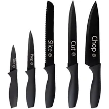 MasterChef Messer Set, Messerset mit Küchenmesser, Kochmesser, Brotmesser, Schälmesser & Allzweckmesser, Schneidemesser Küche Set, Scharfe Messer mit Edelstahlklingen, Softgriff, 5-teilig, Schwarz