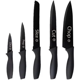 MasterChef Messer Set, Messerset mit Küchenmesser, Kochmesser, Brotmesser, Schälmesser & Allzweckmesser, Schneidemesser Küche Set, Scharfe Messer mit Edelstahlklingen, Softgriff, 5-teilig, Schwarz