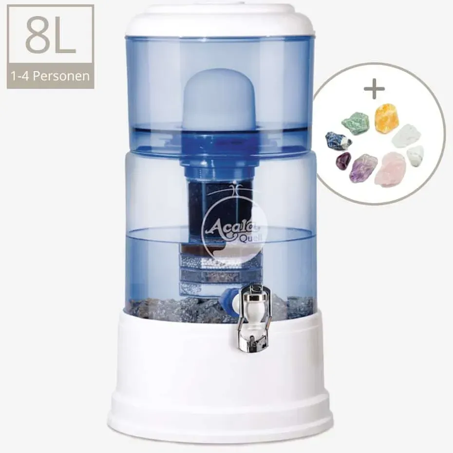 AcalaQuell Smart Wasserfilter (8L) - handgefertiges Kristallglas blau, Edelstahl Yakawa (+ 15,80 €), ohne