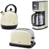 KHG Retro Frühstücksset | Toaster 2 Scheiben, 7 Bräunungsstufen 850W | Wasserkocher 1,7 Liter mit Abschaltautomatik 2200W | Kaffeemaschine 1,5 Liter Glaskanne 1000W | 3-teilig Creme