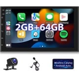 Android Autoradio 2G+64G Wireless Carplay Android Auto Doppel Din Radio mit Navi 7 Zoll Touchscreen Bildschirm GPS Navigation Bluetooth WiFi FM RDS Media-Receiver Rückfahrkamera ISO-Adapterkabel