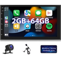 Android Autoradio 2G+64G Wireless Carplay Android Auto Doppel Din Radio mit Navi 7 Zoll Touchscreen Bildschirm GPS Navigation Bluetooth WiFi FM RDS Media-Receiver Rückfahrkamera ISO-Adapterkabel