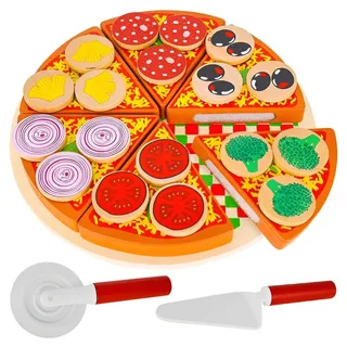 Kruzzel Pizza-Set Zubehör aus Holz für Kinderküche und Kaufladen Inklusive Schneidebrett und Pizzaschneider 27 Teile 22471, 23x22x5,5cm
