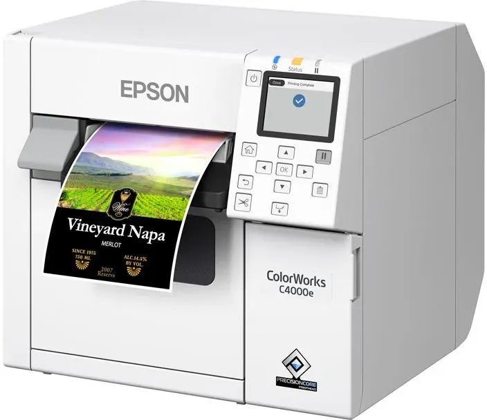 Epson ColorWorks C4000 BK – Inkjet-Farbetikettendrucker Ethernet (LAN), USB / 1.200 X 1.200 dpi / mit Cutter / für glänzende und matte Etiketten / pigmentierte Tinte C31CK03102BK