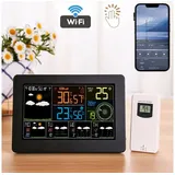 LETGOSPT WiFi-Wetterstation mit Funk-Außensensor, Touch-Funktion Wetterstation Wetterstation (Kalender Thermometer Hygrometer Wettervorhersage, LED Farbdisplay)