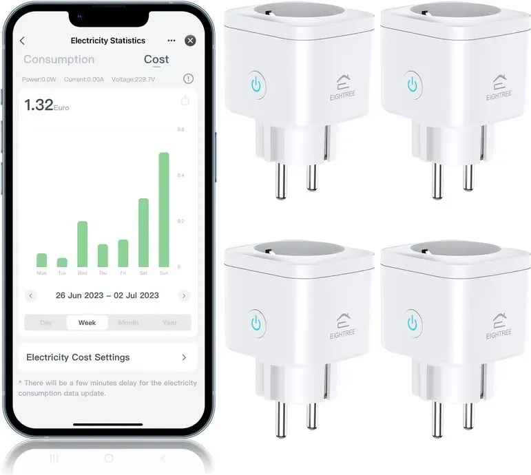 EIGHTREE WLAN Smart Steckdose 2.4 & 5 GHz, 16A WiFi Steckdose mit Strommessung & Datenexport, Kompatibel mit Alexa, Google Home & SmartThings, App Fernsteuerung & Zeitplan, 4er Packs