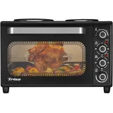Trisa Mini Backofen 30L mit 2 Kochplatten & Drehspieß, Kompakter Tischbackofen (100-230°C), Minibackofen elektrisch inkl. Grillrost & Backblech, Ober-/Unterhitze für Singlehaushalt & Camping, Schwarz