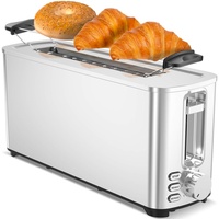 TurboTronic TT-BF14 Edelstahl Toaster mit extra langem Brot-Schlitz, Brötchenaufsatz, Krümelschublade, Auftauen, Aufwärmen, Stop – Langschlitz...