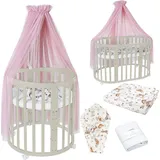 Waldin Mobiles Babybett OWAL aus Holz 7in1 mit Matratze, mitwachsend,Stoffe Rosa Tiere,Holz olive - Olive