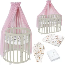 Waldin Mobiles Babybett OWAL aus Holz 7in1 mit Matratze, mitwachsend,Stoffe Rosa Tiere,Holz olive - Olive