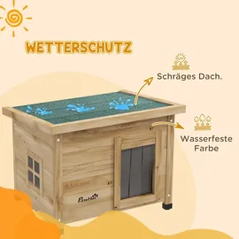 PawHut Katzenhaus aus Holz, Katzenhütte Outdoor, Katzenhöhle mit Türvorhang Gelb