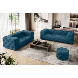 3-Sitzer PLACES OF STYLE "FOLLINA", blau (dunkelblau), B:226cm H:71cm T:100cm, 100% Polyester, Sofas, 3-Sitzer Sofa mit klassischer Chesterfield-Knopfheftung