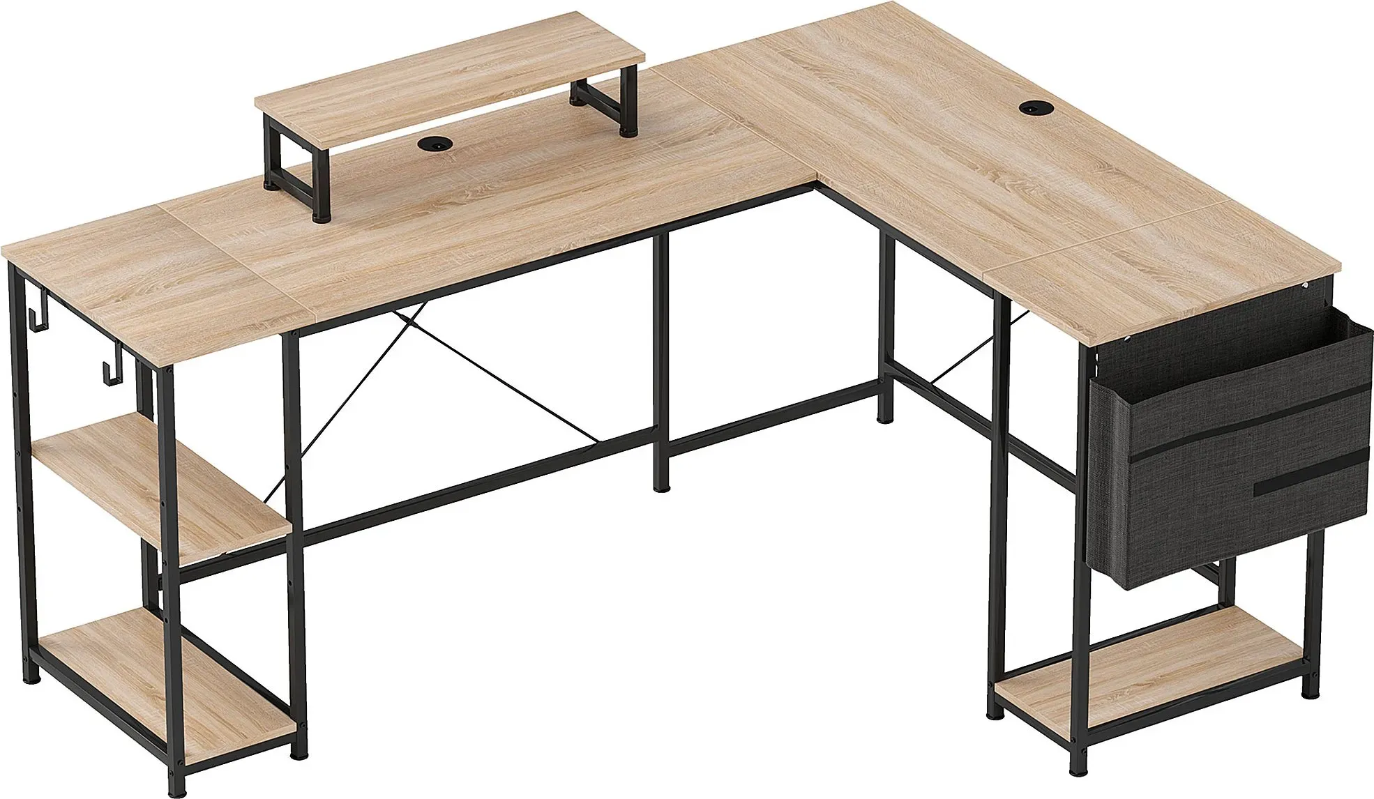 HOMCOM Schreibtisch L Form mit Regal, Computertisch mit Monitorständer & 2 Haken Umkehrbarer Gaming Tisch Eckschreibtisch für Büro, Schlafzimmer, 168 x 120 x 90 cm, Naturholz   Aosom