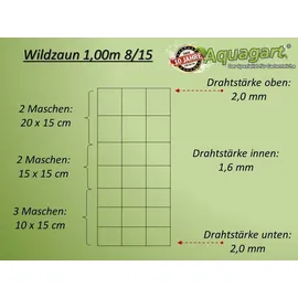 Aquagart 200m Wildzaun Forstzaun Knotengeflecht Weidezaun Drahtzaun 100/8/15L Grau