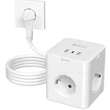 Steckdosenwürfel mit 3 USB, 4 Fach Flachstecker Mehrfachsteckdose mit Einzeln Schalter, Steckdosenleiste mit USB C, 7 in 1 Power Steckdose mit 2M Kable, Steckerleiste für Büro Reisen, Weiß