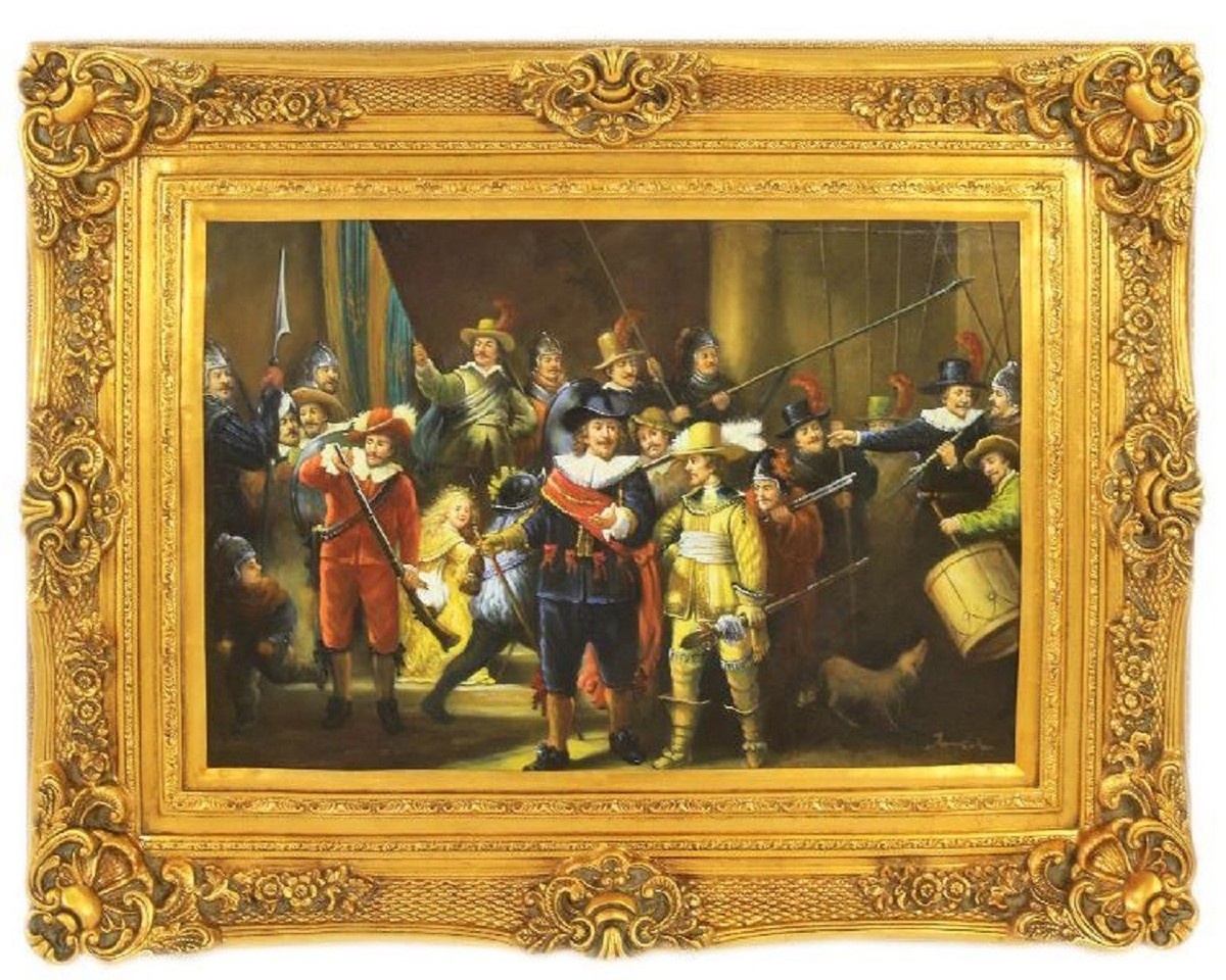 Casa Padrino Barock Ölgemälde Nachtwache Mehrfarbig / Gold 130 x 10 x H. 100 cm - Handgemaltes Gemälde mit Prunk Rahmen - Wand Deko im Barockstil