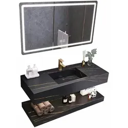 Badezimmermöbel-Set Waschbecken Set mit LED Spiegel und Ablageplatte Schwarz 80*55cm