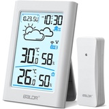 BALDR Wetterstation Funk mit Außensensor, Digital DCF-Funkuhr Thermometer Innen/Außen Temperaturanzeige ,Raumthermometer,Hygrometer, Wettervorhersage, Uhrzeitanzeige, Wecker,3.7 Zoll Display,Creme