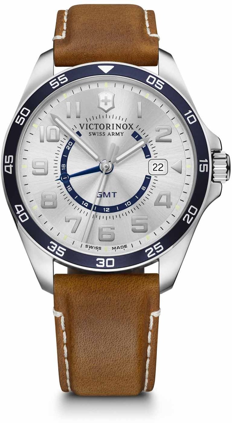 Victorinox FieldForce Classic GMT 42mm Herrenuhr silver white dial, brown leather strap