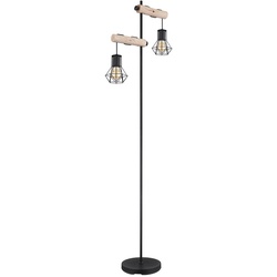 Stehlampe Vintage Holz Stehleuchte schwarz Wohnzimmer Standleuchte mit Drahtgeflecht Schirmen, Metall, 2x E27 Fassungen, LxBxH 48x25x168 cm