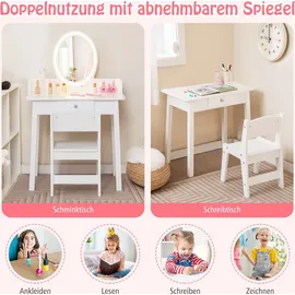 Costway 2 in 1 Kinder Schminktsich mit Hocker, Frisiertisch mit beleuchtetem Spiegel, Schublade & Schmuck-Organizer, Kosmetiktisch Prinzessin aus H... - Weiß