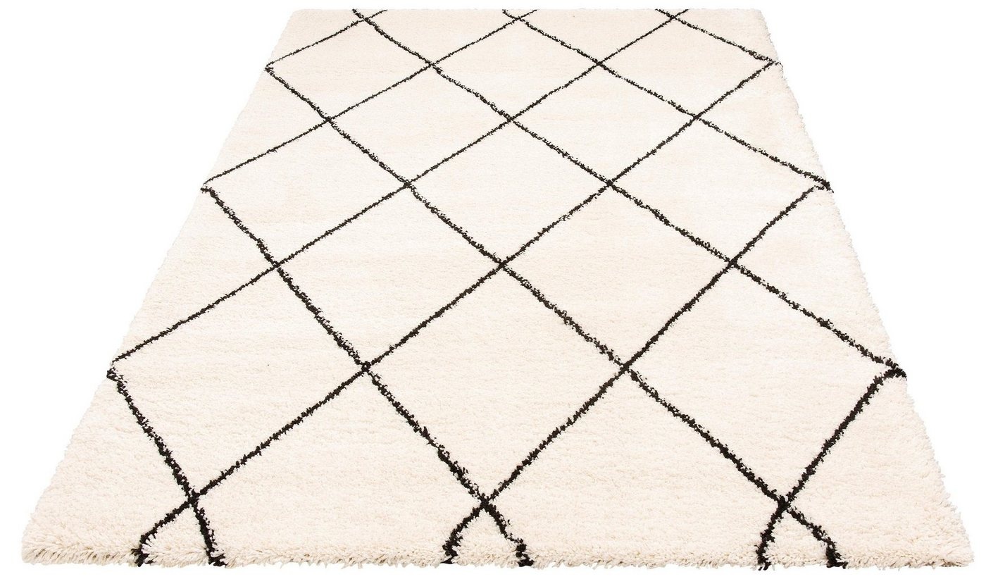 Hochflor-Teppich Belle, Leonique, rechteckig, Höhe: 35 mm, Rauten-Design, weiche Haptik beige|schwarz 80 cm x 150 cm x 35 mm