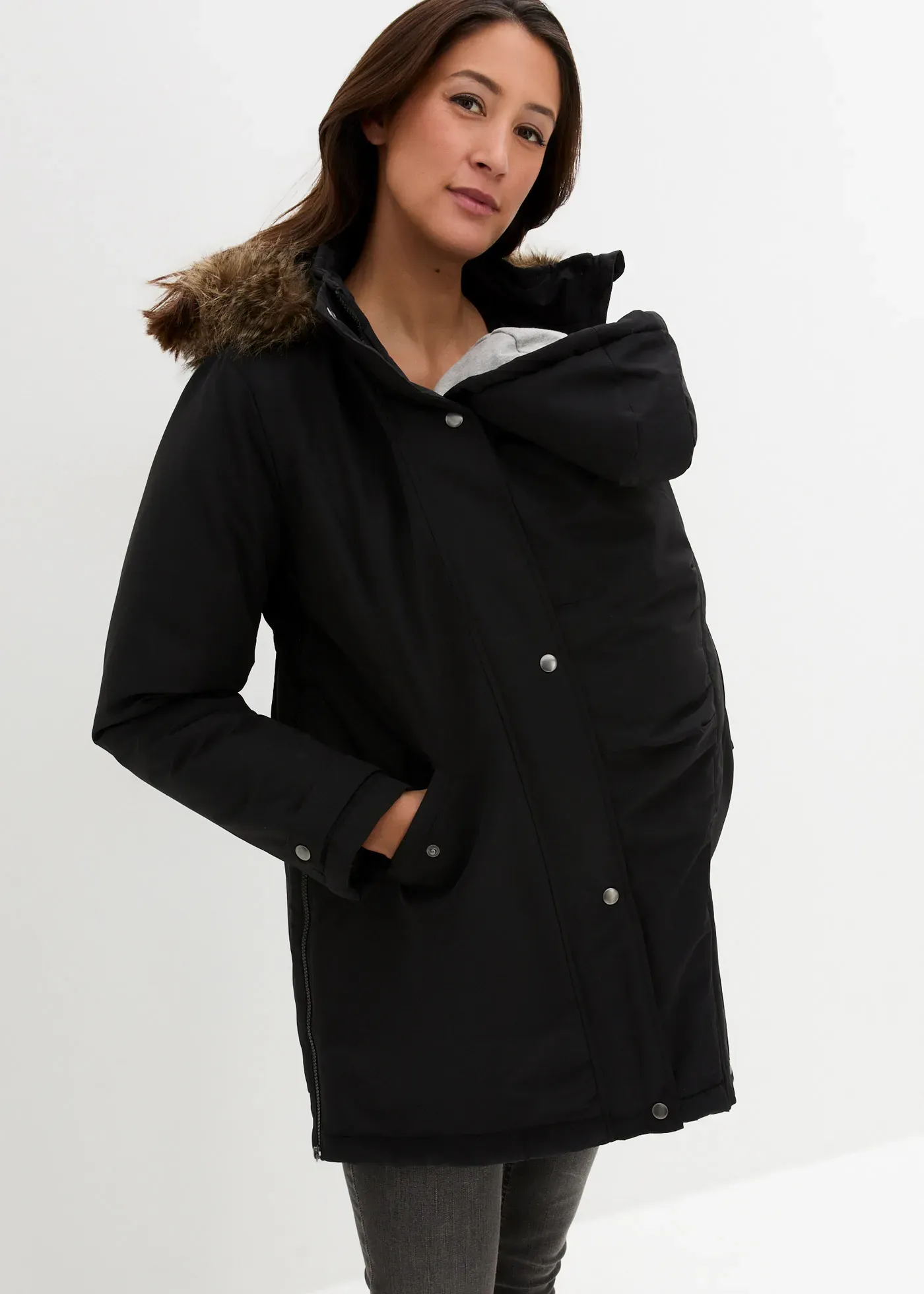 Umstandsjacke BONPRIX, Damen, Gr. 40, schwarz, Web, Obermaterial: 100% Polyester. Futter: 100% Polyester. Ärmelfutter: 100% Polyester, unifarben, regular fit ca. Mitte Oberschenkel, mit verstellbarem Klettverschluss, Jacken, mit elastischem Gummizug, seitlicher Erweiterung durch Reißverschlüsse