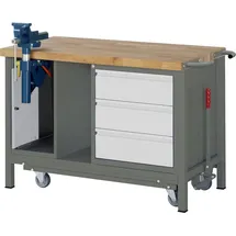Stier Werkbank Premium mit abs. Fahrgestell, 3 Schubladen und Schraubstock BxTxH 1250x700x880mm