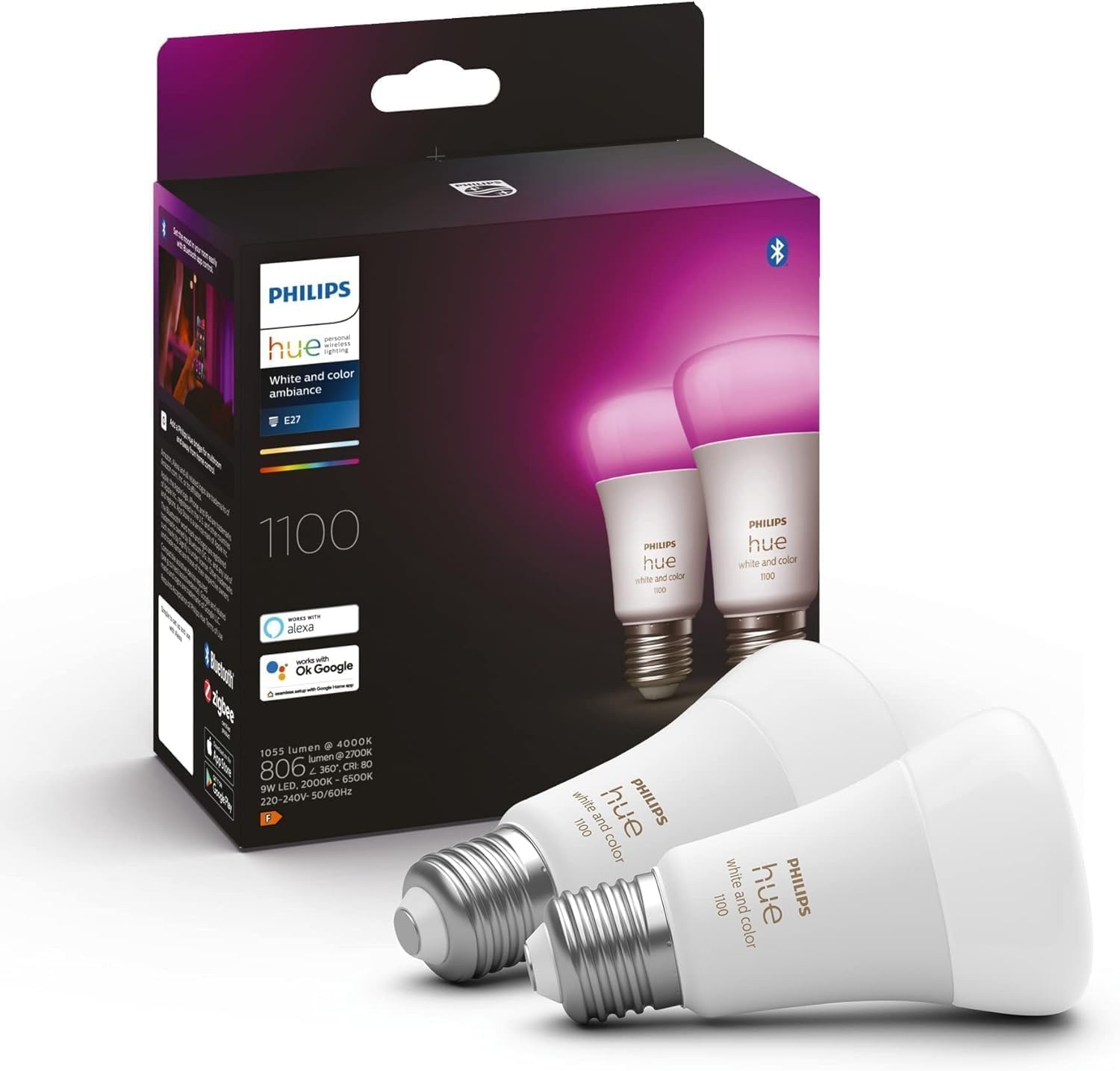 Philips Hue White & Color Ambiance E27 LED Lampen 2-er Pack (1100), TESTSIEGER Stiftung Warentest (01/2024), dimmbare LED Lampen mit 16 Mio. Farben, smarte Lichtsteuerung über Sprache und App