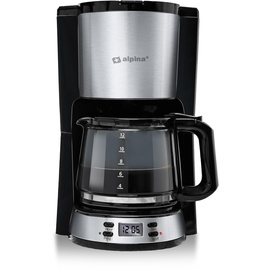 Alpina Kaffeemaschine Filterkaffee – 1,5 l – 12 Tassen – Glaskanne – Digitalanzeige – Schwarz