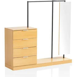 Garderobe FineBuy Kleiderschrank Eiche 145 cm Schubläden Spiegel Kleiderstange