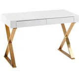 Wohnling Schreibtishc 118 cm weiß hochglanz Schreibtisch weiß rechteckig, X-Fuß-Gestell gold 118,0 x 57,0 cm