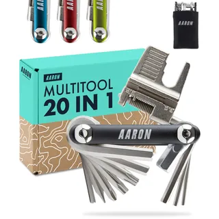 Aaron Tool 20 in 1 Multitool - Fahrrad Multifunktionswerkzeug aus rostfreiem Stahl/Aluminium - faltbares Mini Fahrradwerkzeug mit vielen Funktionen - praktisches Bike Tool in Schwarz