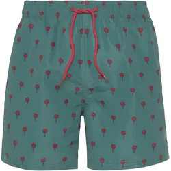 Badeshorts S.OLIVER, Herren, Gr. XL, N-Gr, bunt (petrol, hummer), Recycling-Polyester, Microfaser, bedruckt, kontrastfarbene Details, Badehosen, mit Palmen-Design