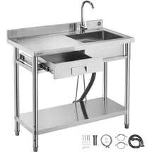 Vevor Spültisch Spülbecken Edelstahl (100 x 50 x 94 cm), Einzelbecken mit Wasserhahn & Schublade, Küchenspüle für Garage Restaurant Wäscherei, Waschtisch Außenspüle mit Arbeitsplatte (links)
