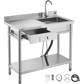Vevor Spültisch Spülbecken Edelstahl (100 x 50 x 94 cm), Einzelbecken mit Wasserhahn & Schublade, Küchenspüle für Garage Restaurant Wäscherei, Waschtisch Außenspüle mit Arbeitsplatte (links)