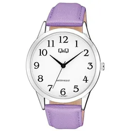Q&Q Damen Armbanduhr C10A-028PY, 40 mm Durchmesser, silbernes Metallgehäuse, Lederarmband, Analog, 3 ATM
