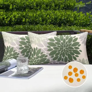 Serento Kissenbezug 30x50 Kissenbezug Grün Sofakissen Outdoor wasserdichte Dekokissen Leinen Kissenhülle Boho Abstrakt Dahlie Blume für Wohnzimmer Schlafzimmer Garten Sofa Couch Kissen Dekor 2er Set