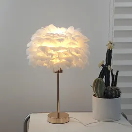 kuop Nachttisch lampe Moderne Tischleuchte E27 Schlaflicht Kinder Nachtlicht Warmweiß Federlampe Künstliche Federn Flauschige Dekolampe für Schlafzimmer Wohnzimmer Room Decor, 30cm x 38cm