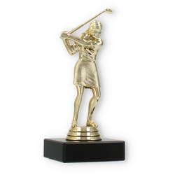 Pokal Kunststofffigur Golf Damen gold auf schwarzem Marmorsockel 15,0cm