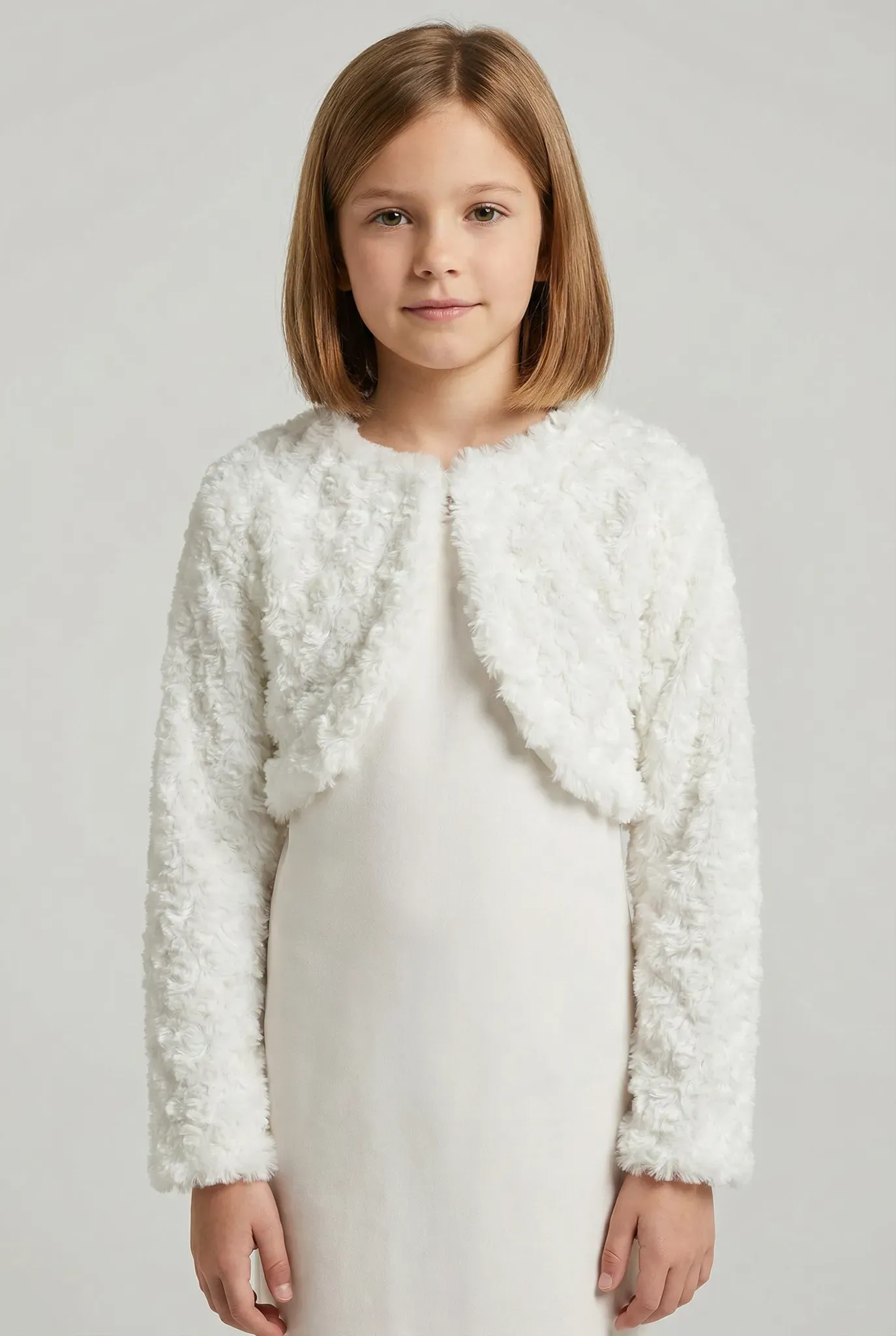 Bolero HAPPY GIRLS, Mädchen, Gr. 116, ecru, Plüsch, Obermaterial: 100% Polyester. Futter: 100% Polyester, unifarben, Basic kurz, Rundhals, Strickjacken Bolero