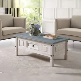 möbelliebling Couchtisch 100 x 60 cm mit Schublade Pinienholz weiß grau lasiert MEXICO