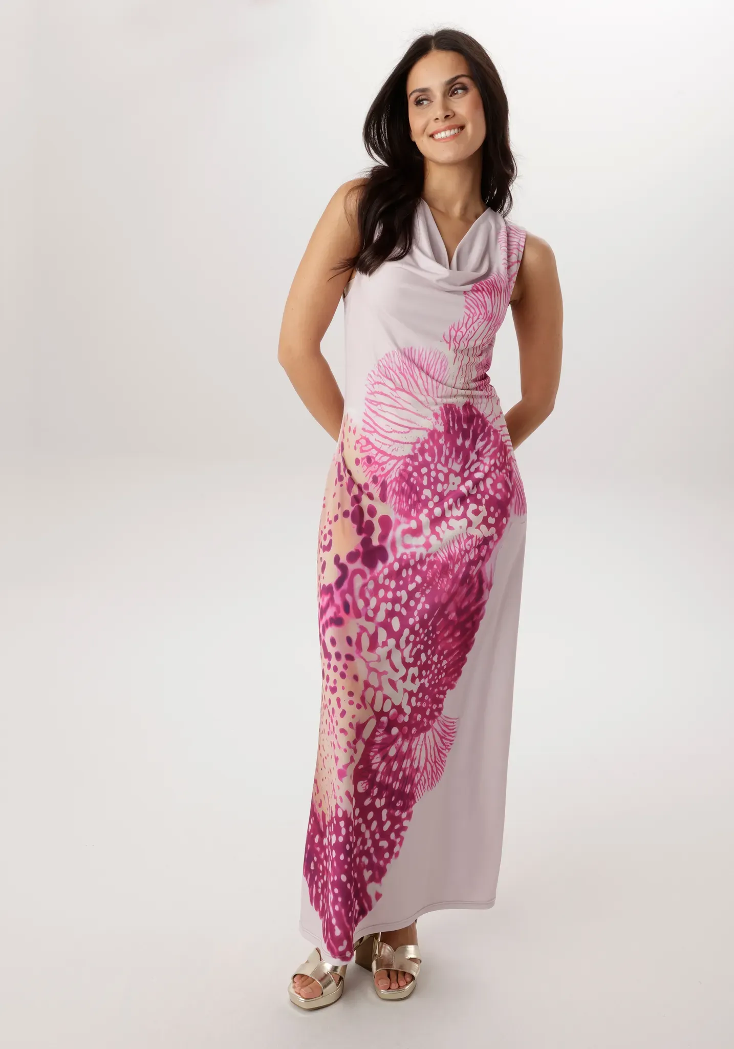 Maxikleid ANISTON SELECTED, Damen, Gr. 42, N-Gr, rosa, pink, beige, Jersey, Obermaterial: 95% Polyester, 5% Elasthan, figurbetont lang, Wasserfallausschnitt, Kleider Maxikleid, vorne mit diagonal verlaufenden Blütenprint - NEUE KOLLEKTION
