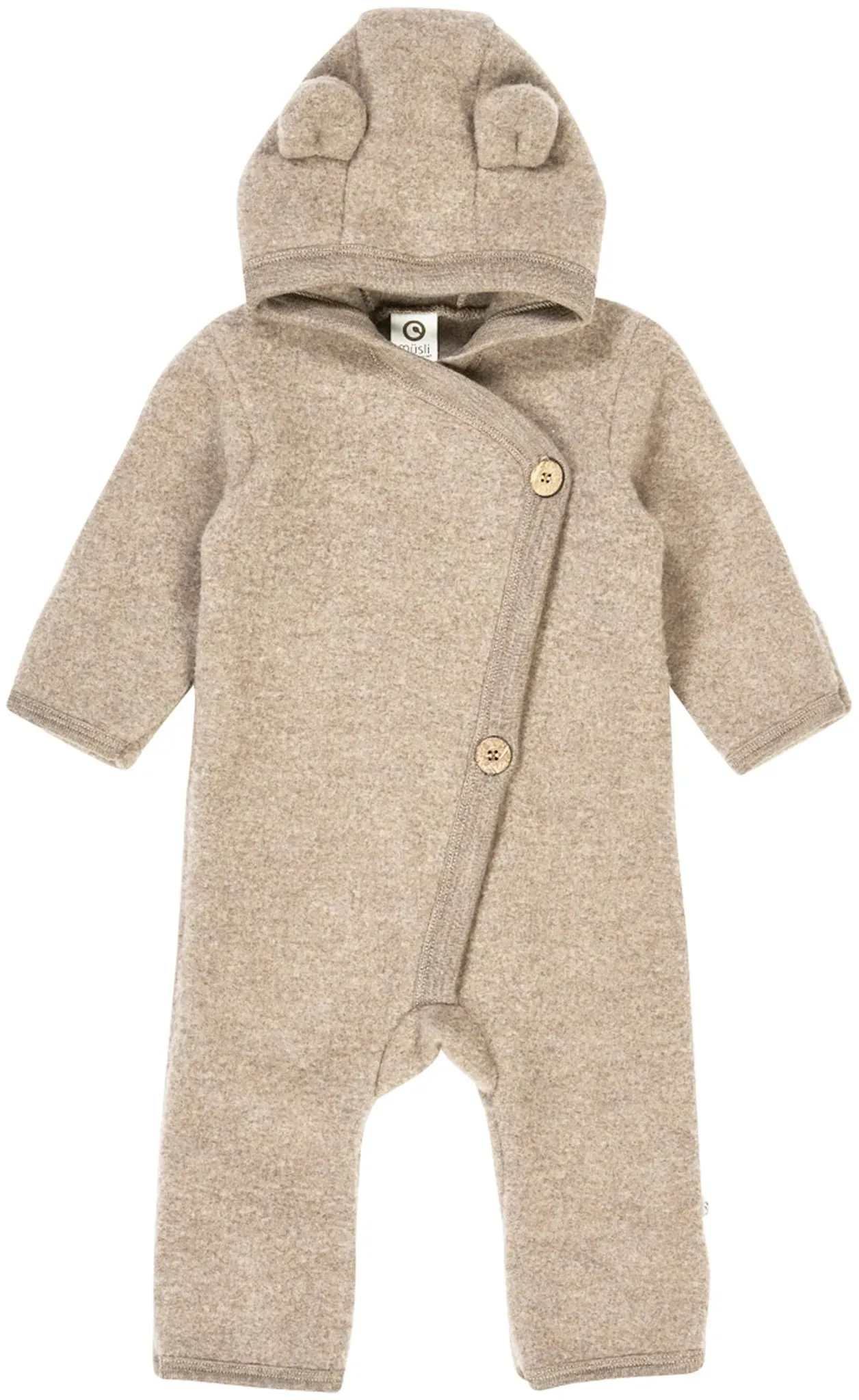 Müsli Wollfleece-Overall mit Klappfuß und Kapuze Ohren, beige, 56