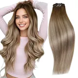 RUNATURE Tressen Echthaar Ombre Braun Blond 30cm Echthaar Tressen Zum Einnähen Dunkelbraun Balayage Aschbraun Ombre Mittelblond Echthaar Tressen Extensions 70g #3/8/22