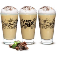 Sendez 6 Latte Macchiato Gläser 310ml Kaffeegläser Teegläser mit schwarzem Kaffee-Aufdruck