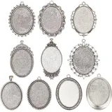 SOFPLATE 10 Stück 10 Stile Cabochon Lünettenrohlinge Charm Lünettentablett Legierung Tibetischer Stil Vintage Flach Oval Antik Silber Tabletts Anhängerfassungen Für Die Schmuckherstellung Charms Halsk