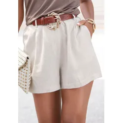 Webshorts LASCANA, Damen, Gr. 44, N-Gr, beige (sand), Web, Obermaterial: 85% Viskose, 15% Leinen, unifarben, modisch, figurumspielend kurz, Hosen, mit Taschen, Leinenhose, Sommerhose mit Gürtelschlaufen, modisch