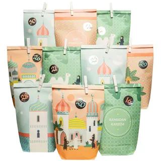 Papierdrachen DIY Ramadan Kalender zum Befüllen - für Kinder und Erwachsene - Bedruckte Kraftpapiertüten in Pastell - zum Aufstellen und Dekorieren - Eid Mubarak - wiederverwendbar - Set 9